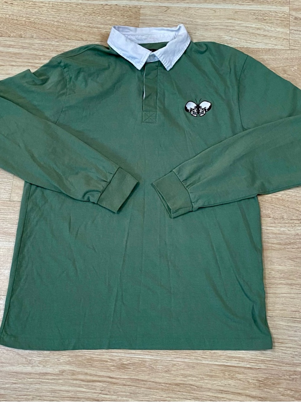 Eighty Eight Polo Men’s L Green Long Sleeve Rugby Shirt Double Skull Butterfly